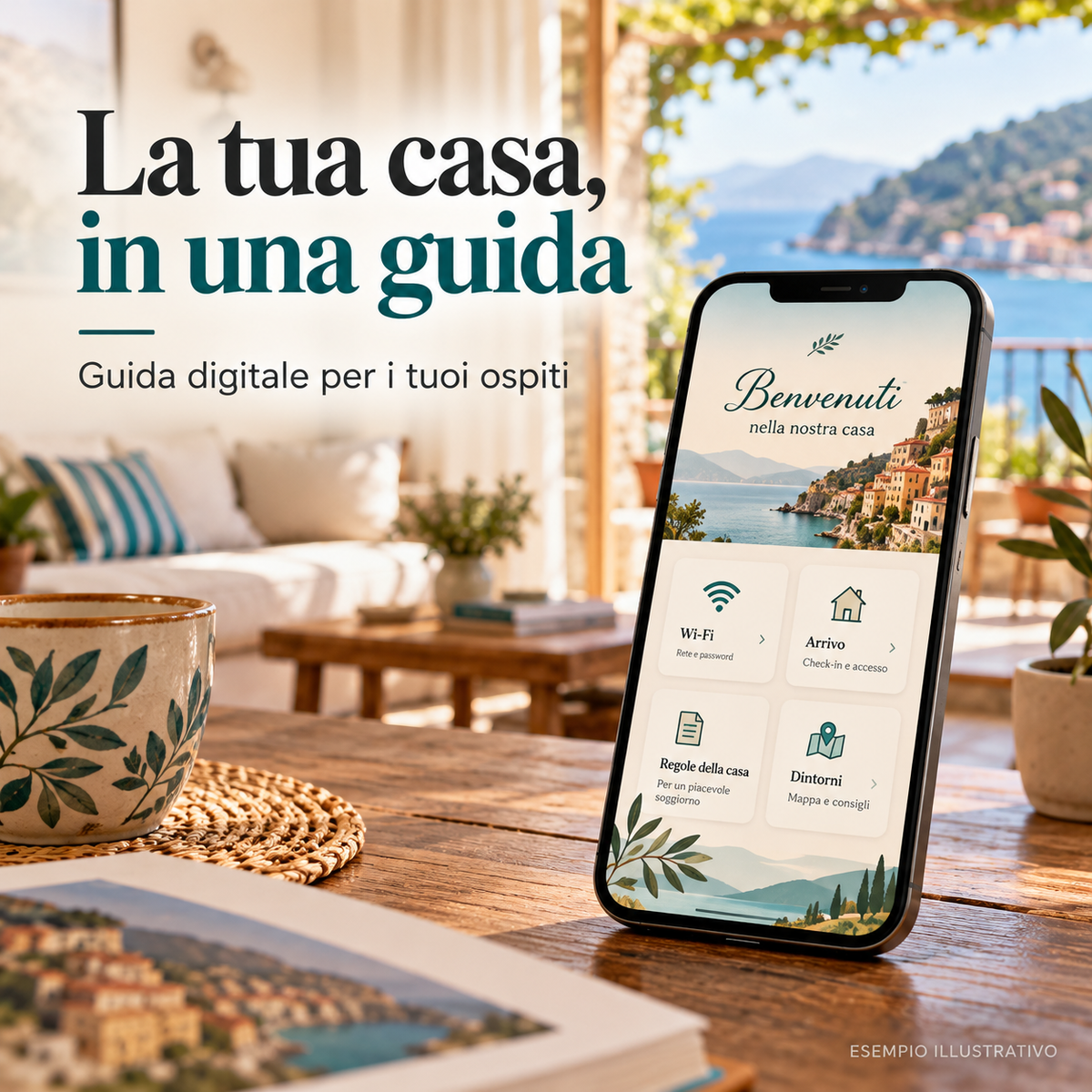 Guida digitale ospiti per casa vacanze mostrata su smartphone in un ambiente accogliente – esempio illustrativo